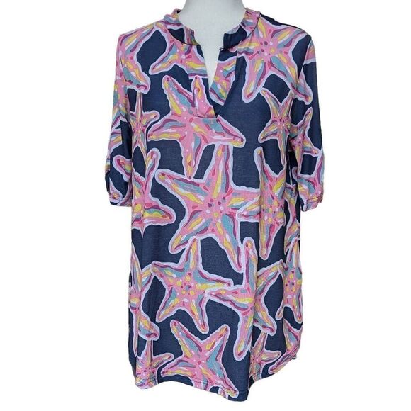 Simply Southern Savannah Starfish Tunic Blouse Size S Pink Blue Yellow Navy Teal - Picture 2 of 8